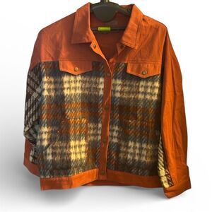 Umgee Women's Plaid Denim Jacket Rust Long Sleeve Size L Casual
